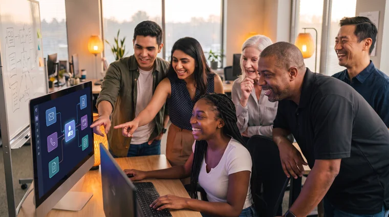The same team gathered around one screen, leaning in and pointing at an automation workflow on screen, with the human approval step lit up