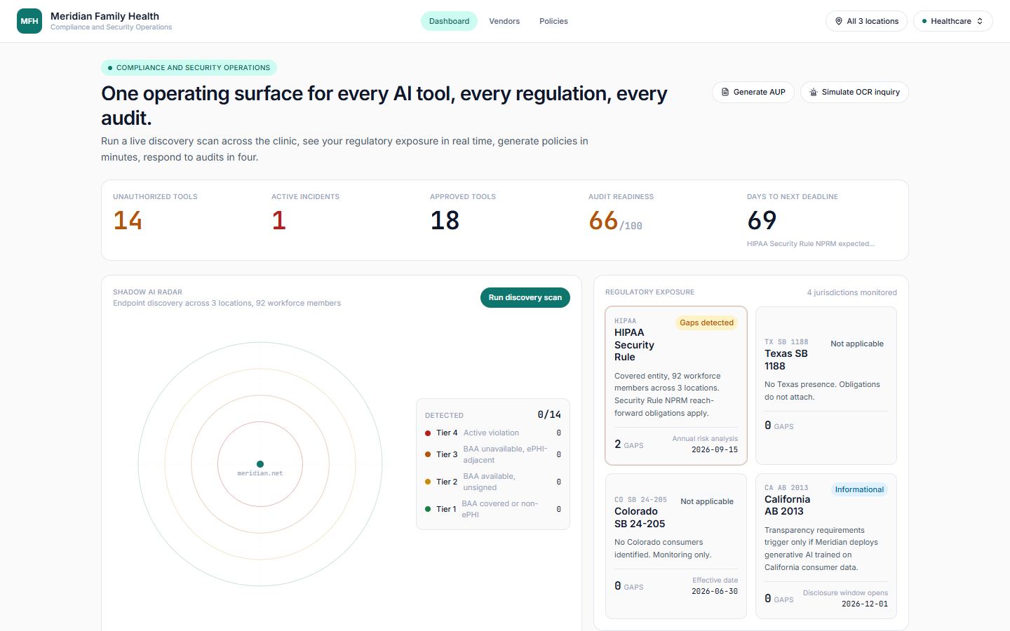 Screenshot of the AI Governance & Security product demo, the working product demo build