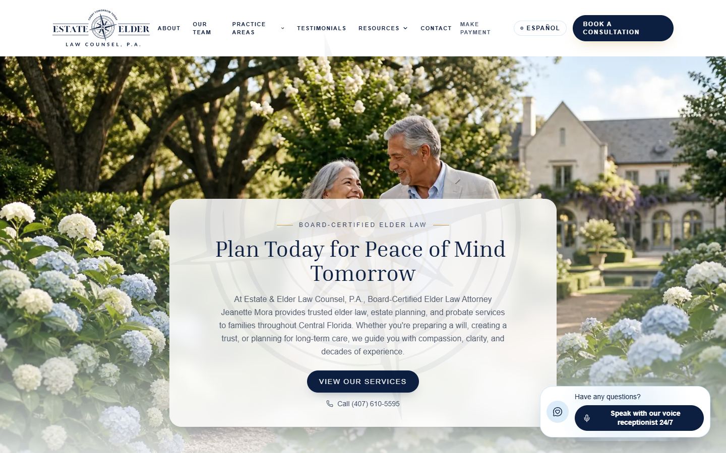 Screenshot of the Estate & Elder Law Counsel, P.A. website, the bilingual professional services build