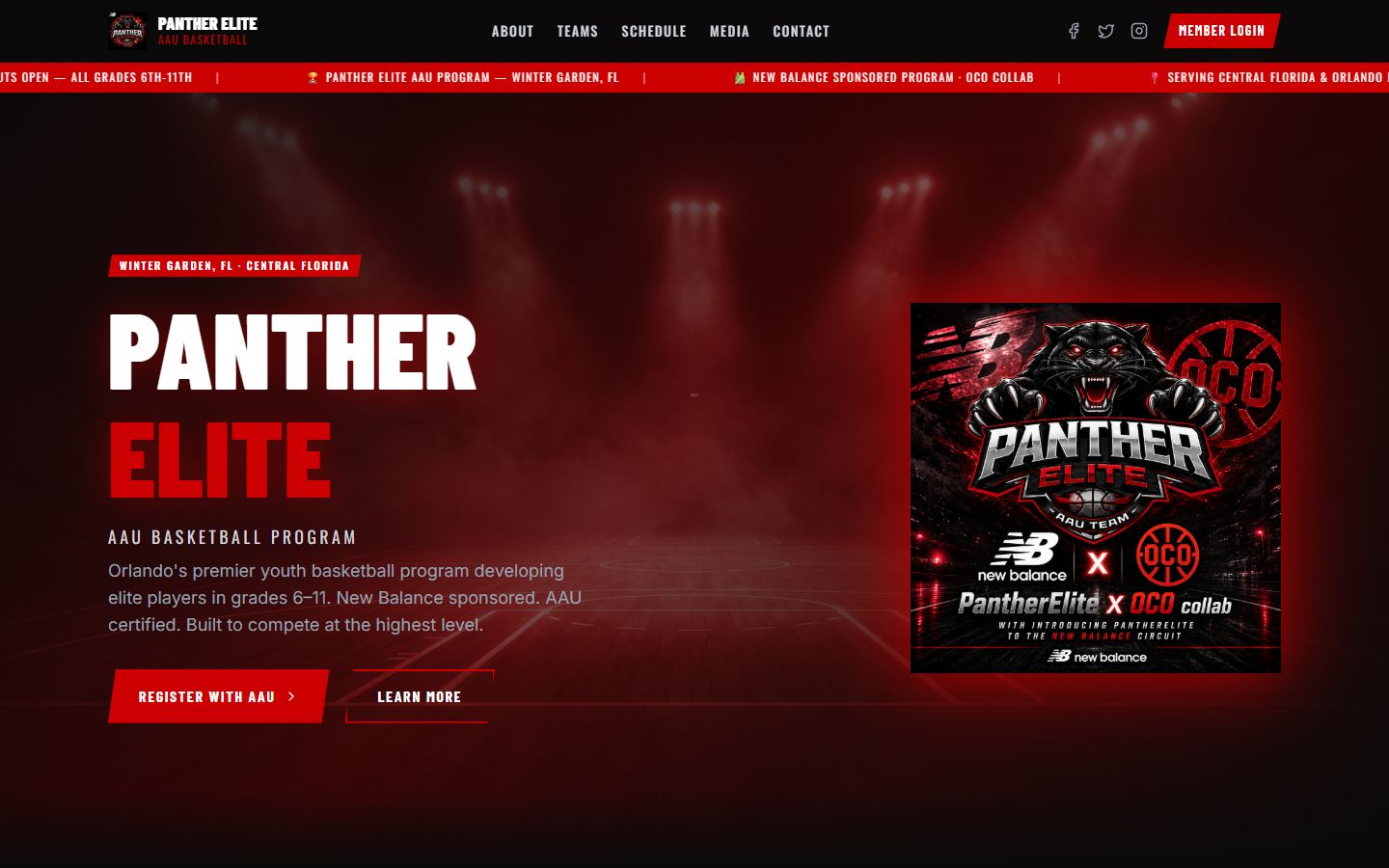 Screenshot of the Panther Elite AAU Basketball website, the program and roster site build